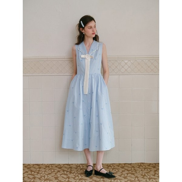 Cest_Striped bow lapel sleeveless dress