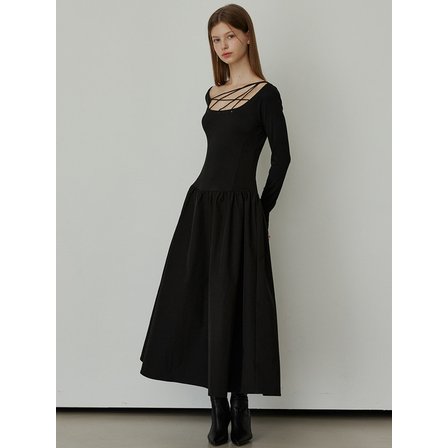 하이버넷 String Waist Stitch Long Dress - BLACK