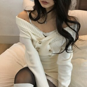 메종 여리 더블버튼 오프숄 니트2color