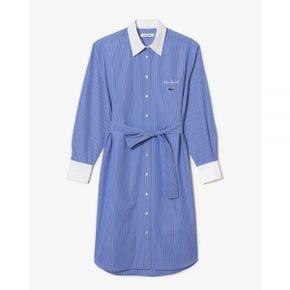 5211132 Lacoste Long Sleeved Striped Cotton Poplin Dress - Blue / White