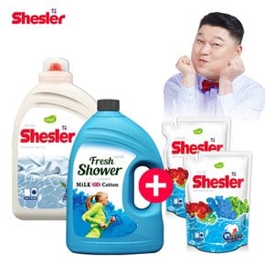 강호동의 쉬슬러 액상 세제 센스티브 3.05L 1개 + 유연제 프레쉬향 3.06L 1개 + 세제리필 500ml 2개.