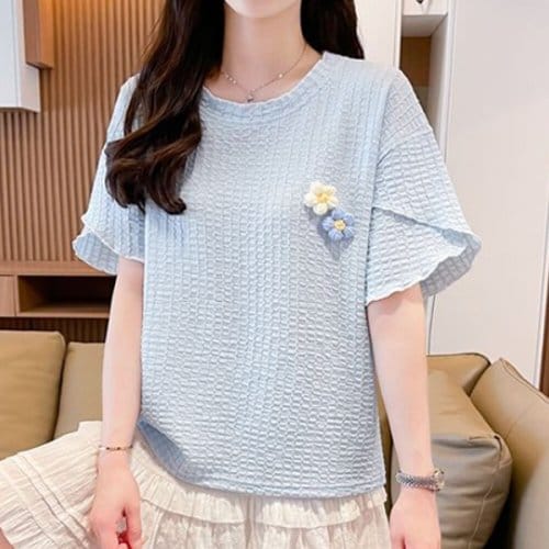 나바바 / NT2810 플라워 포인트 라운드넥 반팔 티셔츠