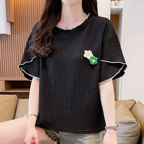나바바 / NT2810 플라워 포인트 라운드넥 반팔 티셔츠