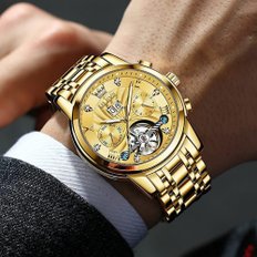 올레프OLEVS 시계 시계 남성 시계 자동 감기 금색 골드 인기 세련된 해골 투르 비욘 스타일 야광