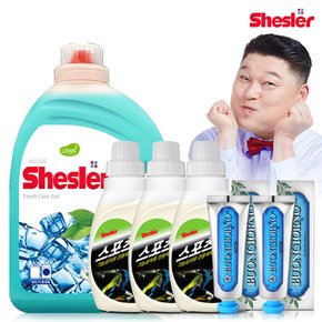 강호동의 쉬슬러 액상 세제 후레쉬 3.05L 1개+스포츠의류전용 650ml 3개+치석케어 치약 100g 2개.