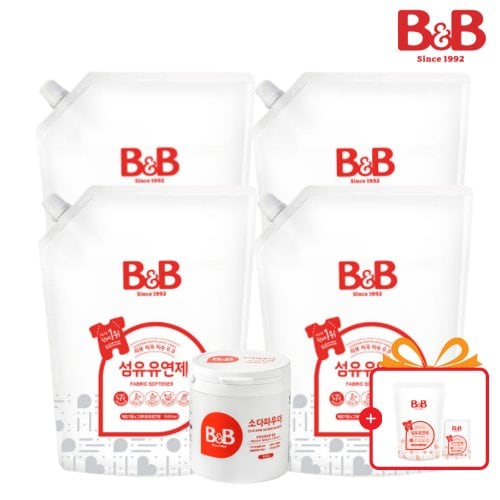 비앤비 섬유유연제 베르가못 1500ml 리필형  4입 +소다파우더 1입+증정품_J838