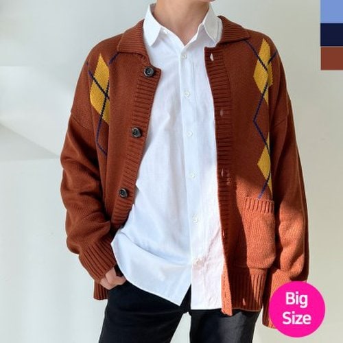 블레오 남자 가을 빅사이즈 아가일 패턴 데일리 니트 가디건
