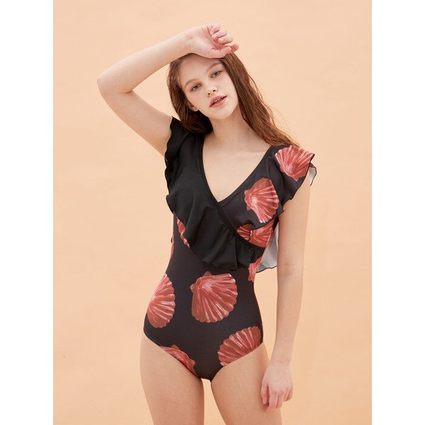 셸 프릴 모노키니 블랙