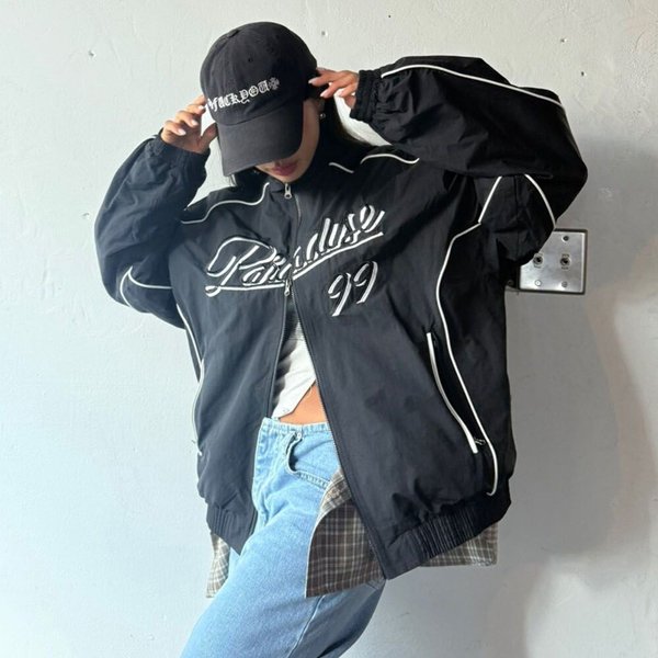 [옷자락] 여자 블록코어룩 삥줄 투웨이 자수 오버핏 커플 점퍼