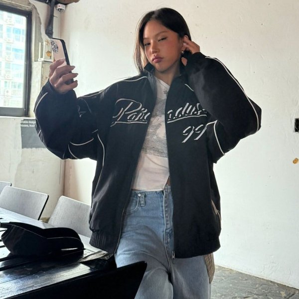 [옷자락] 여자 블록코어룩 삥줄 투웨이 자수 오버핏 커플 점퍼