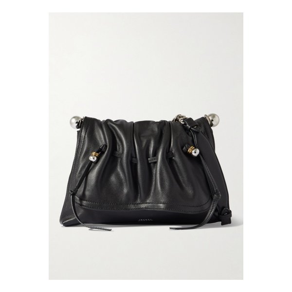 볼튼 장식 개더 가죽 숄더 백 블랙 46376663162937012