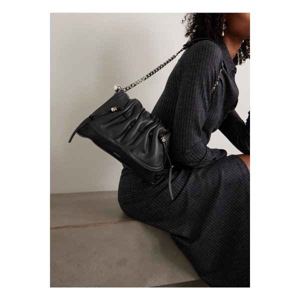 볼튼 장식 개더 가죽 숄더 백 블랙 46376663162937012