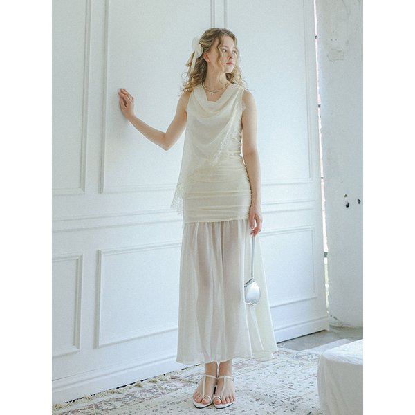 LB_Drape lace top and chiffon skirt set_IVORY