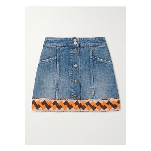 자카드 트리밍 패널 데님 미니 스커트 블루 1647597350346313