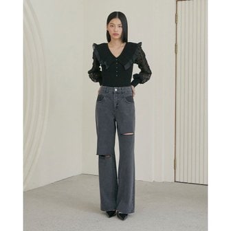 에고이스트 [시흥점] 여성 자수 포인트 언발 슬릿 와이드 데님팬츠 (ES1DP761)