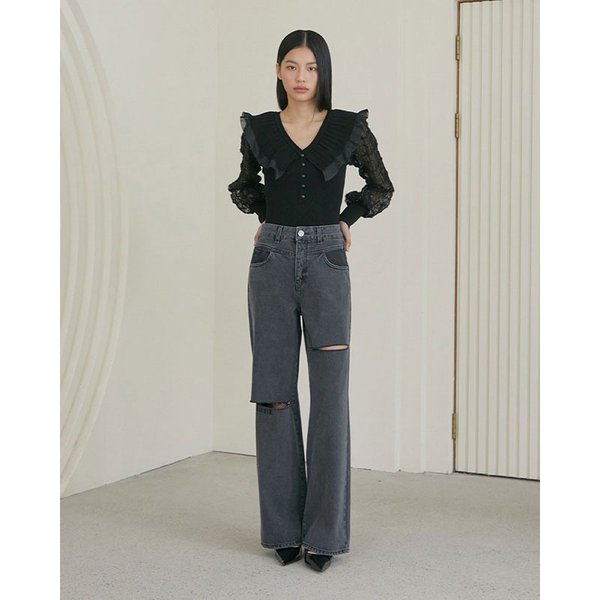 [시흥점] 여성 자수 포인트 언발 슬릿 와이드 데님팬츠 (ES1DP761)