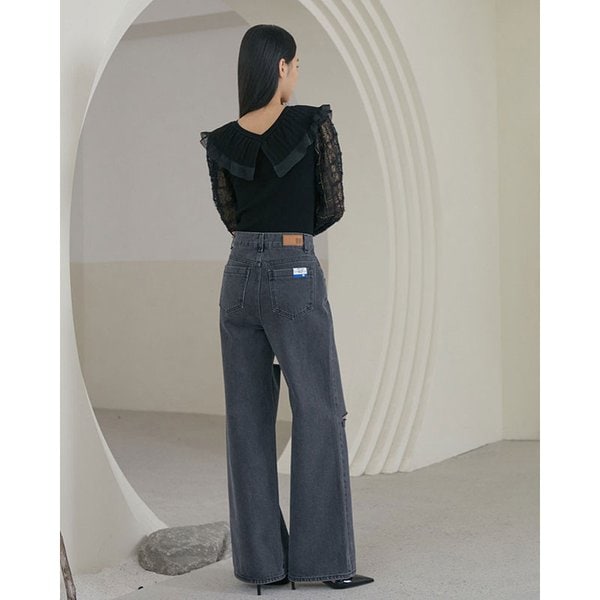 [시흥점] 여성 자수 포인트 언발 슬릿 와이드 데님팬츠 (ES1DP761)