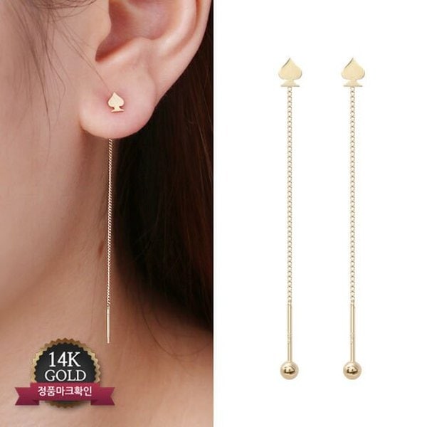 14K 골드 스페이드 롱 드롭 금 피어싱 귀걸이