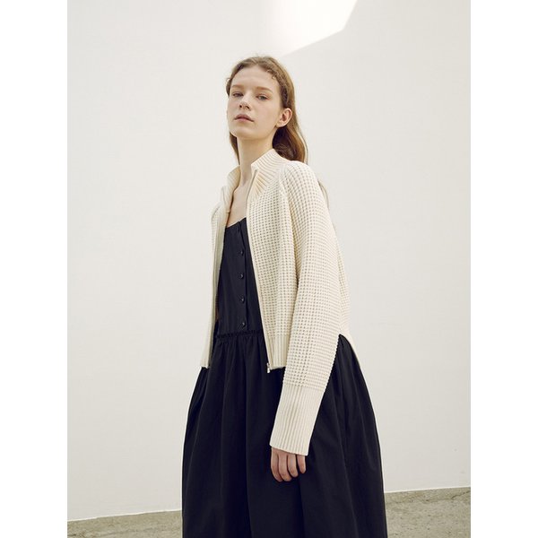Cotton waffle high neck zip up jacket_Ivory
