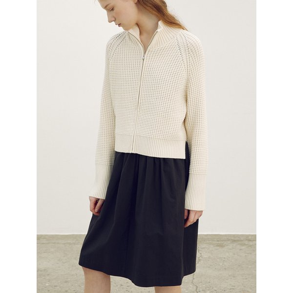 Cotton waffle high neck zip up jacket_Ivory