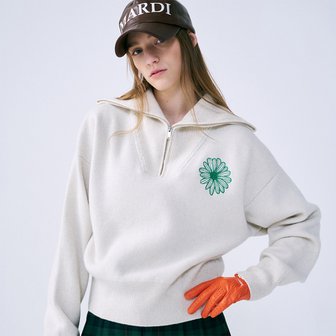 Mardi Mercredi Actif [마르디메크르디악티프] HIGH NECK KNIT ZIP UP FLOWER NEEDLEWORK_IVORY GREEN