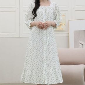 레이지 레이스배색 프릴오픈 롱원피스 7부반팔면 잠옷 여성파자마 실내복 홈웨어_P396985801