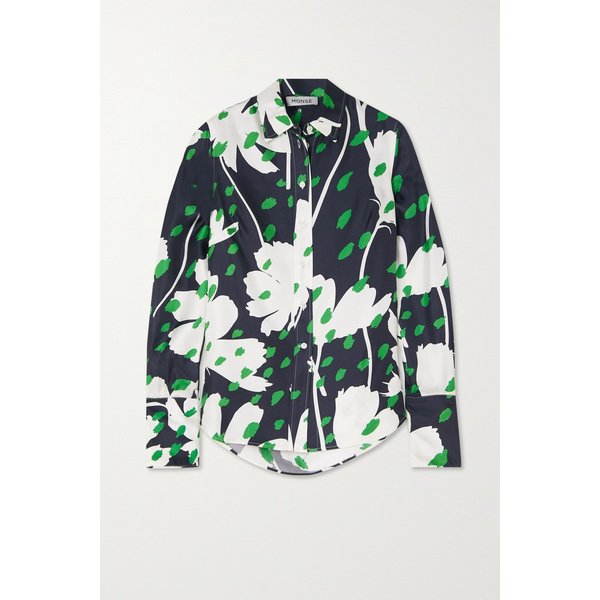 몬세 컷아웃 타이 디테일 드레이프 플로럴 프린트 실크 트윌 셔츠 네이비 1647597301085275