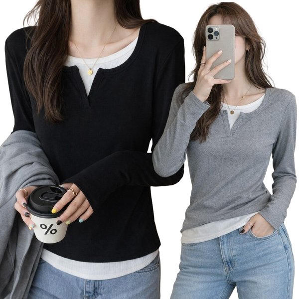 여성 배색 포인트 골지 긴팔티 레이어드 무드 기본 티셔츠