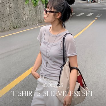 핫핑 메듀아 시스루 반팔티셔츠+나시 레이어드 티  P000CQGT