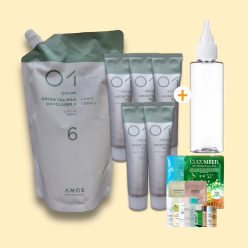 녹차빛채 베이직 커버 염색약 5.0 밤색 5개 + 디벨로퍼 (산화제 탈색제)+80ml용기+랜덤 1