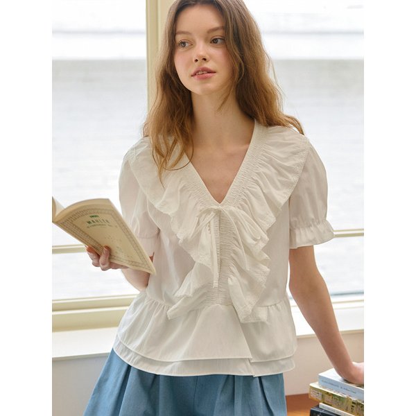 브이넥 레이스 러플 카라 블라우스 (TMBAE7452)
