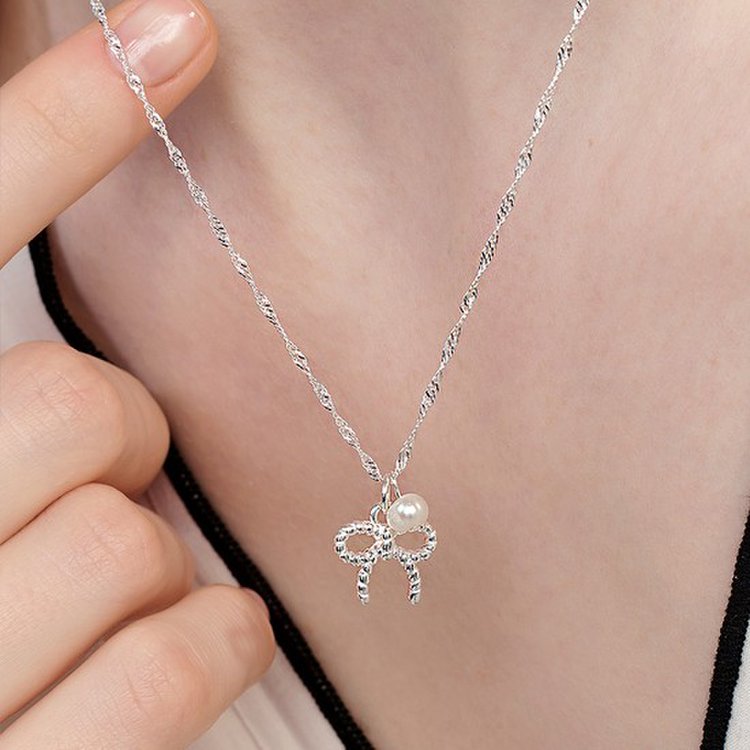 ★Hei★ sv925 ribbon string pearl necklace ★韓国人気★ ☆Hei☆ sv925 ribbon string pearl necklace ☆韓国人気☆ (Hei
