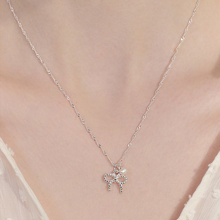 ★Hei★ sv925 ribbon string pearl necklace ★韓国人気★ Hei][하이키 서이 착용][sv925] ribbon string pearl necklace