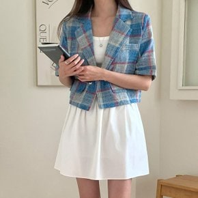 여성 여름 캐주얼자켓 린넨 더블 카라 반팔 체크 크롭 숏 자켓_P341675284