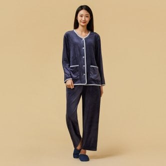 JAJU *정상가 49,900원*여 라이트 밍크플리스 브이넥 파자마 세트_NAVY