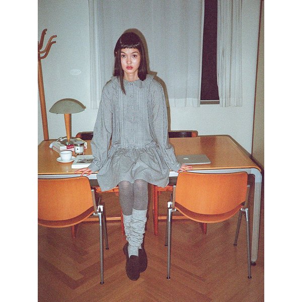 체크 라운드 칼라 드레스 - 블랙