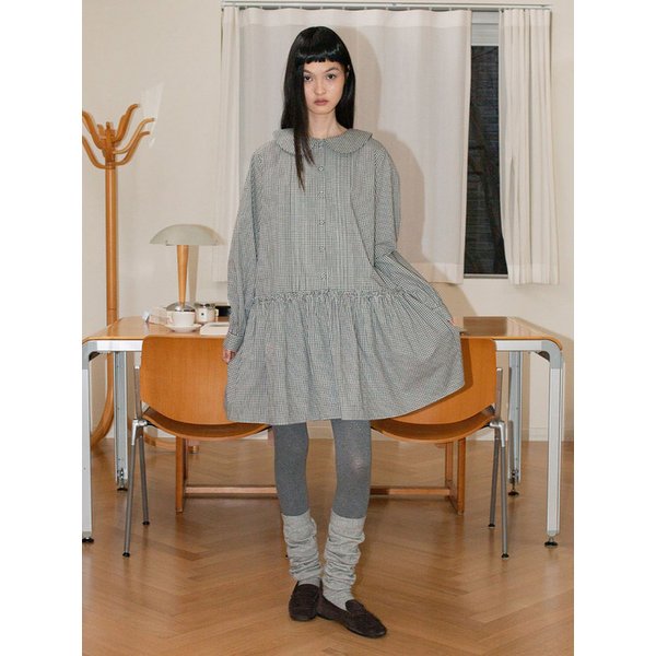 체크 라운드 칼라 드레스 - 블랙