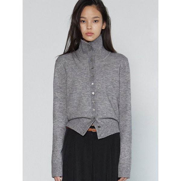 HIGH NECK BUTTON CARDIGAN MELANGE GRAY