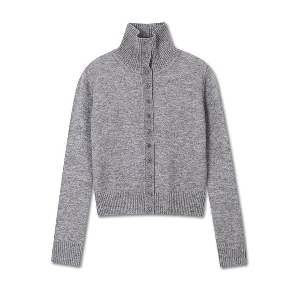 HIGH NECK BUTTON CARDIGAN MELANGE GRAY
