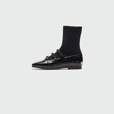 EENK ZANIA Triple Buckle Square Toe Flat Boots - Black