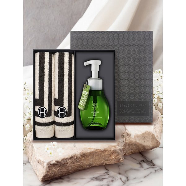 스퀘어 핸드타월2매+핸드워시 선물세트 (블랙상하+쇼핑백)