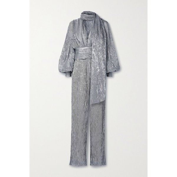 오스카 드 라 렌타 Tie-neck Silk-blend Plissé-lamé Jumpsuit 다크 그레이 1647597287927071