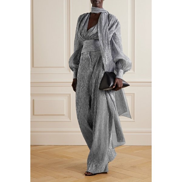 오스카 드 라 렌타 Tie-neck Silk-blend Plissé-lamé Jumpsuit 다크 그레이 1647597287927071