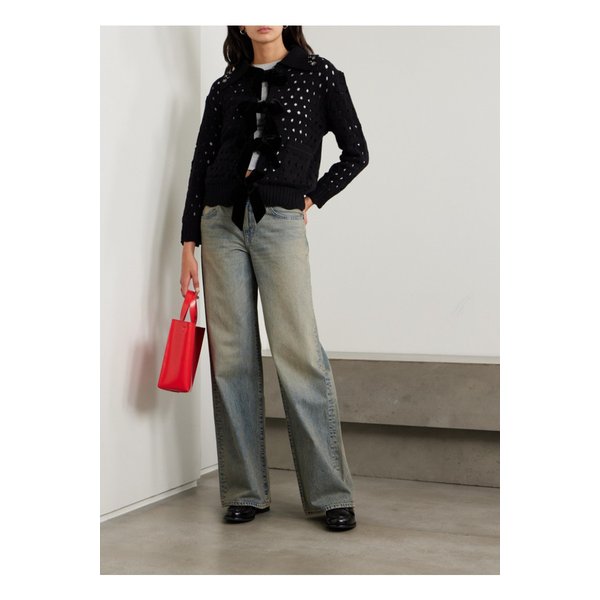 레이아 장식 벨벳 트리밍 오픈니트 울 가디건 블랙 1647597350558278