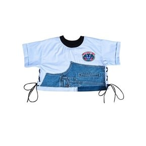 EYE-LET SIDE DENIM PATCH CROP-T