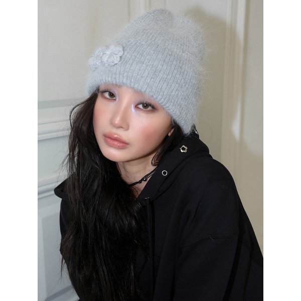 FLOWER FLAKE ANGORA BEANIE - GREY