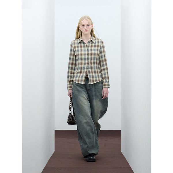 85-VIVA084 컬러팝스 슬림핏 긴팔 체크 셔츠 브라운