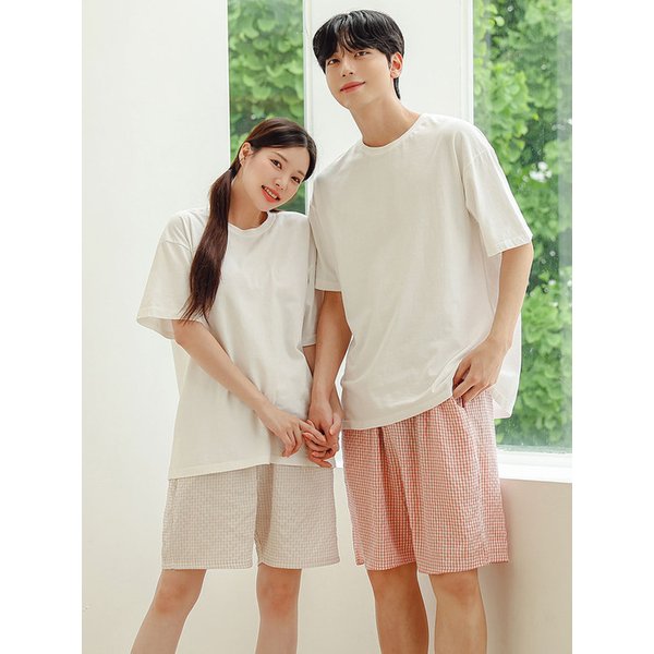 지지미 썸머체크 5부 남여 커플 파자마바지