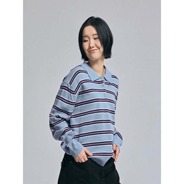 멀티 스트라이프 카라 니트 스카이블루