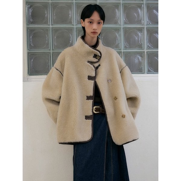 리얼 양털 오버핏 라인 무스탕 자켓 [베이지]